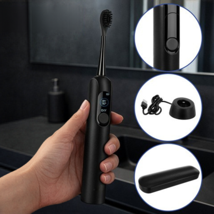 Periuta de dinti sonica electrica Varioshop neagra 90.000 rpm, 6 moduri de periaj, incarcare inductiva, 6 capete incluse, baterie 1200 mAh, IPX7 rezistenta la apa [3]