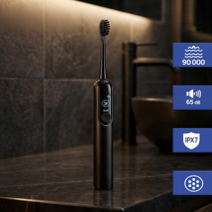 Periuta de dinti sonica electrica Varioshop neagra 90.000 rpm, 6 moduri de periaj, incarcare inductiva, 6 capete incluse, baterie 1200 mAh, IPX7 rezistenta la apa [9]