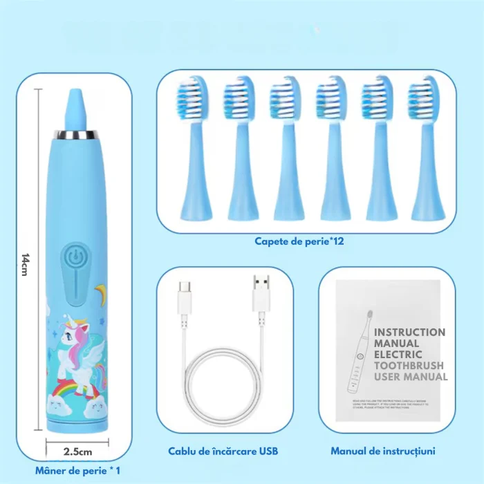 Periuta electrica pentru copii VarioShop®, 12 capete de periere, 4 moduri de curatare, temporizator 2 minute, rezistenta la apa IPX6, reincarcabila, pana la 18.000 vibratii/minut, albastru [10]
