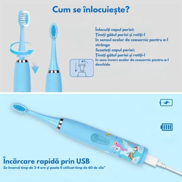 Periuta electrica pentru copii VarioShop®, 12 capete de periere, 4 moduri de curatare, temporizator 2 minute, rezistenta la apa IPX6, reincarcabila, pana la 18.000 vibratii/minut, albastru [5]