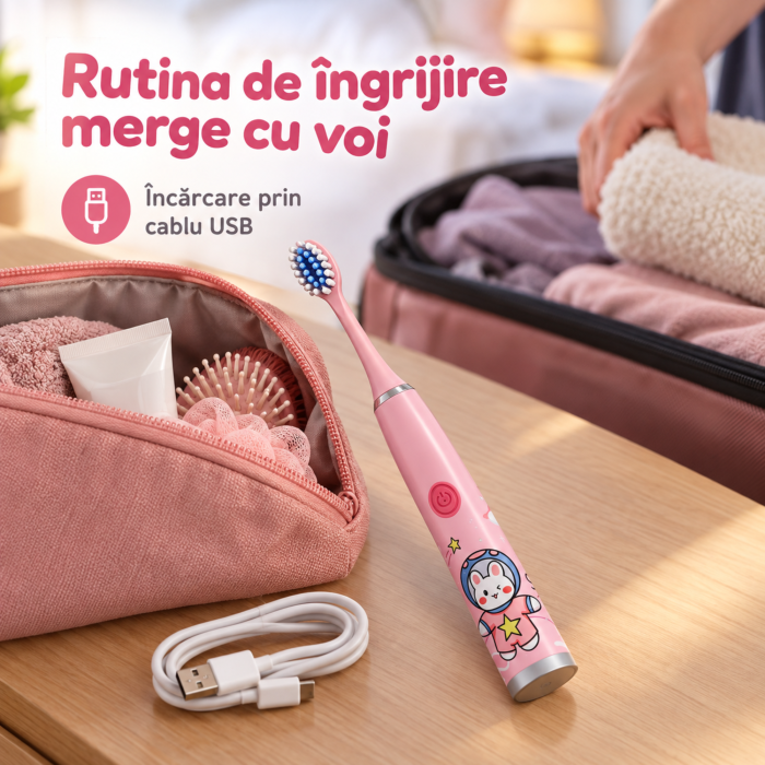 Periuta electrica cu 12 capete pentru copii VarioShop®, pentru igiena dentara, 5 moduri, temporizator, incarcare USB, 32.000 vibratii/minut, roz [8]