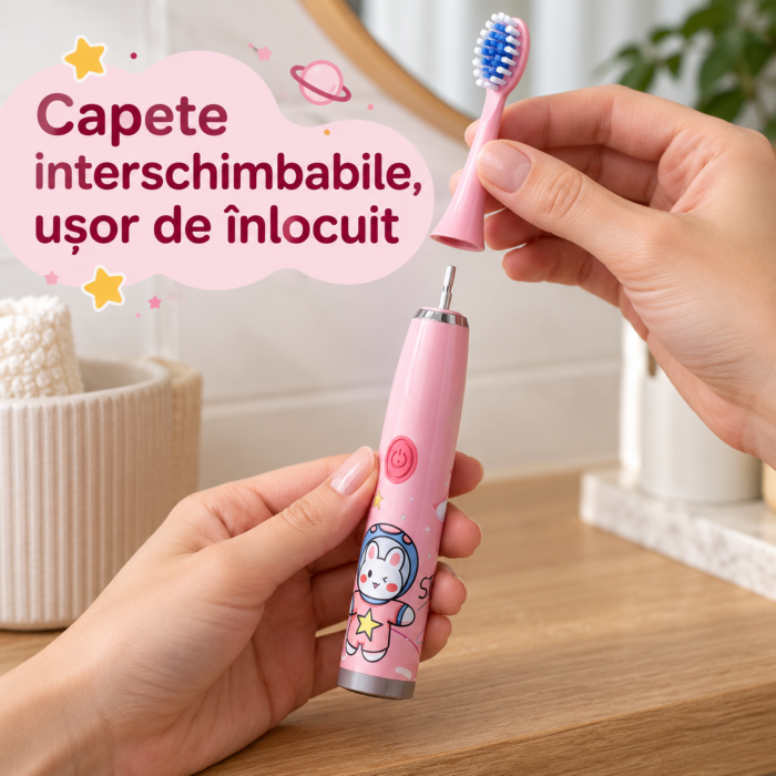 Periuta electrica cu 12 capete pentru copii VarioShop®, pentru igiena dentara, 5 moduri, temporizator, incarcare USB, 32.000 vibratii/minut, roz [7]
