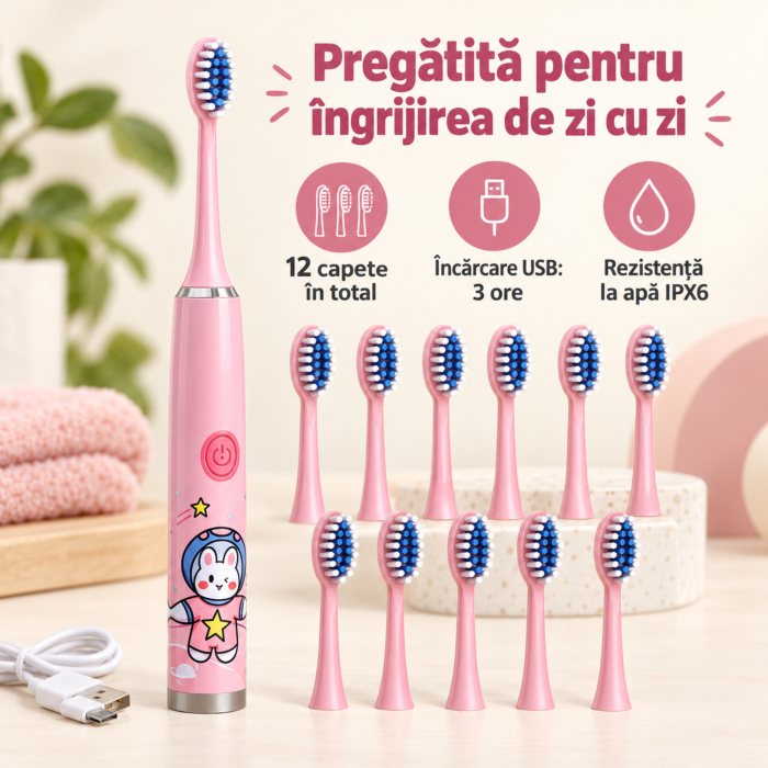 Periuta electrica cu 12 capete pentru copii VarioShop®, pentru igiena dentara, 5 moduri, temporizator, incarcare USB, 32.000 vibratii/minut, roz [6]