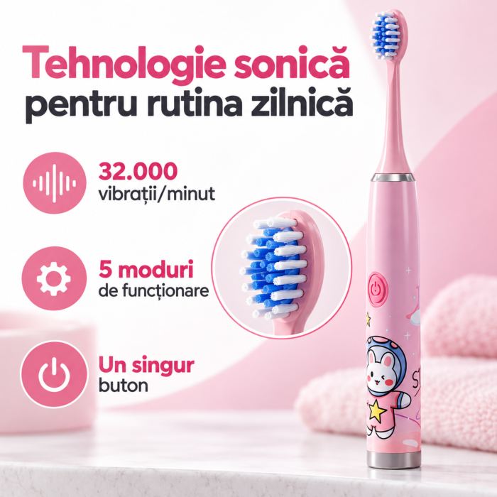 Periuta electrica cu 12 capete pentru copii VarioShop®, pentru igiena dentara, 5 moduri, temporizator, incarcare USB, 32.000 vibratii/minut, roz [2]