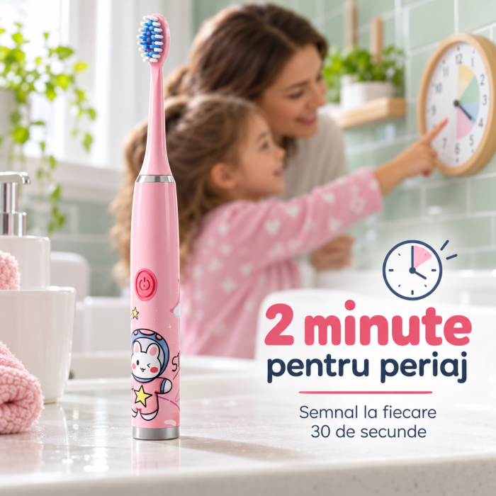 Periuta electrica cu 12 capete pentru copii VarioShop®, pentru igiena dentara, 5 moduri, temporizator, incarcare USB, 32.000 vibratii/minut, roz [4]