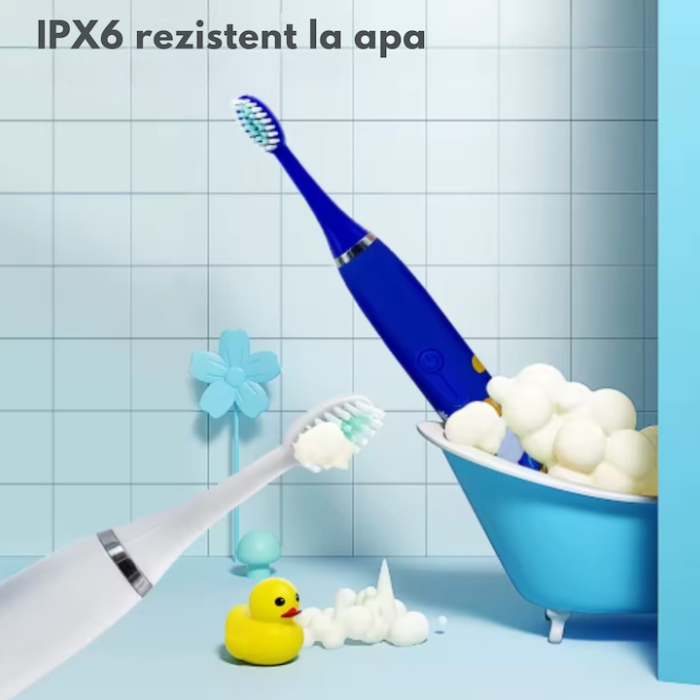 Periuta electrica sonica pentru copii VarioShop®, 12 capete de periere, perii moi, 4 moduri de curatare, smart timer, rezistent la apa IPX7, reincarcabila, 32000 pulsatii/min, Albastru [4]