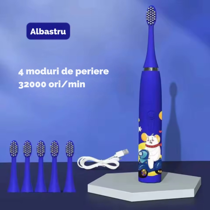 Periuta electrica sonica pentru copii VarioShop®, 12 capete de periere, perii moi, 4 moduri de curatare, smart timer, rezistent la apa IPX7, reincarcabila, 32000 pulsatii/min, Albastru [3]