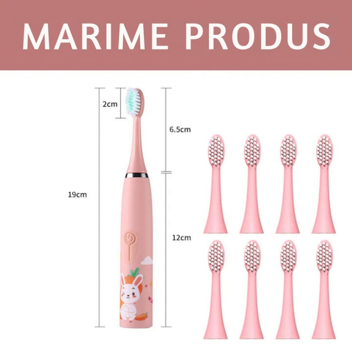 Periuta electrica sonica pentru copii VarioShop®, 8 capete de periere, perii moi, 4 moduri de curatare, smart timer, rezistent la apa IPX7, reincarcabila, 32000 pulsatii/min, Roz [2]