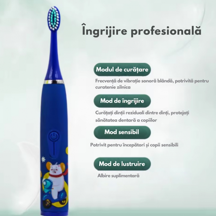 Periuta electrica sonica pentru copii VarioShop®, 8 capete de periere, perii moi, 4 moduri de curatare, smart timer, rezistent la apa IPX7, reincarcabila, 32000 pulsatii/min, Albastru [5]