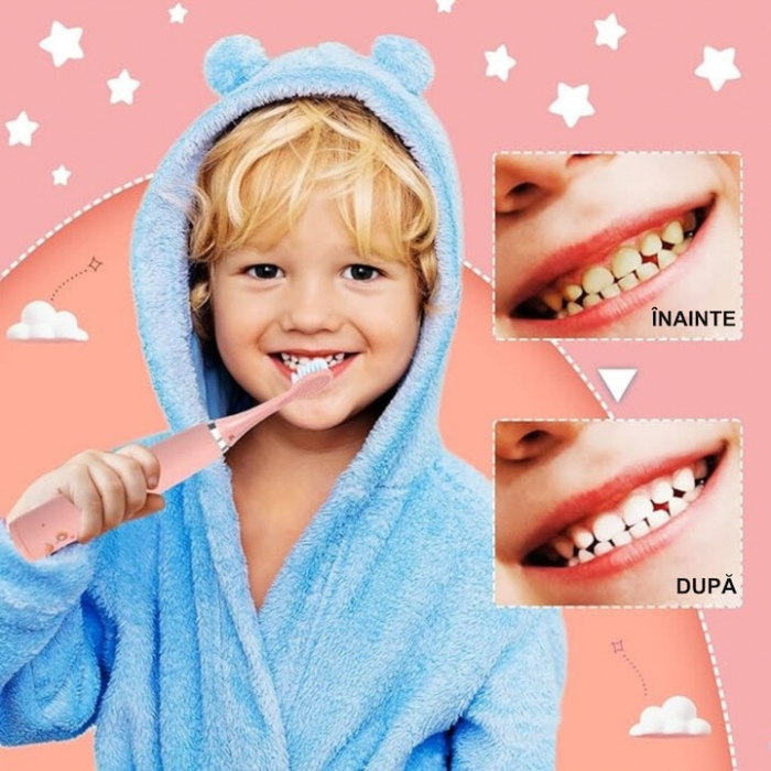 Periuta electrica sonica pentru copii VarioShop®, 8 capete de periere, perii moi, 4 moduri de curatare, smart timer, rezistent la apa IPX7, reincarcabila, 32000 pulsatii/min, Roz [4]