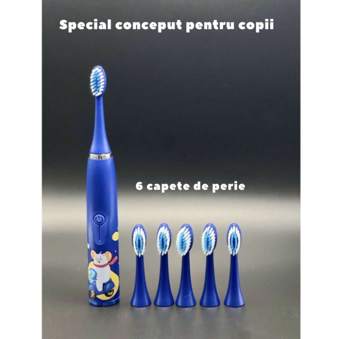 Periuta electrica sonica pentru copii VarioShop®, 8 capete de periere, perii moi, 4 moduri de curatare, smart timer, rezistent la apa IPX7, reincarcabila, 32000 pulsatii/min, Albastru [6]