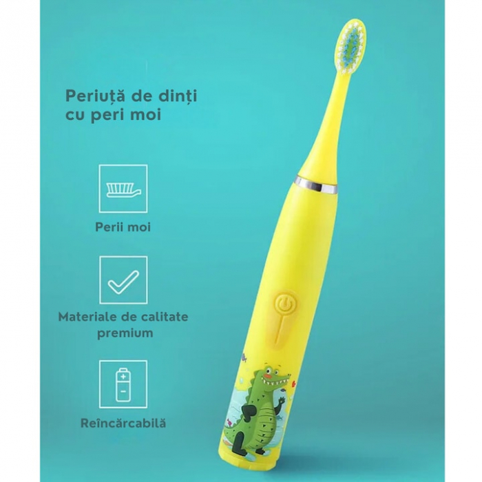 Periuta electrica sonica pentru copii VarioShop®, 8 capete de periere, perii moi, 4 moduri de curatare, smart timer, rezistent la apa IPX7, reincarcabila, 32000 pulsatii/min, Galben [3]