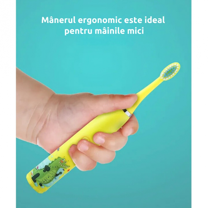 Periuta electrica sonica pentru copii VarioShop®, 8 capete de periere, perii moi, 4 moduri de curatare, smart timer, rezistent la apa IPX7, reincarcabila, 32000 pulsatii/min, Galben [5]