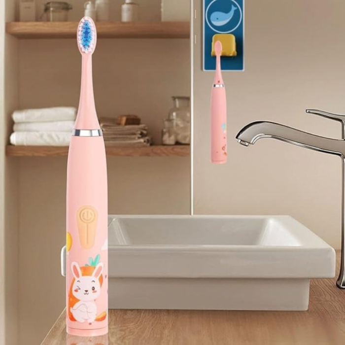Periuta electrica sonica pentru copii VarioShop®, 8 capete de periere, perii moi, 4 moduri de curatare, smart timer, rezistent la apa IPX7, reincarcabila, 32000 pulsatii/min, Roz [12]