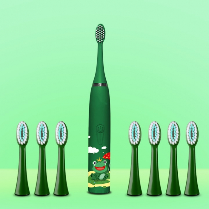 Periuta electrica sonica pentru copii VarioShop®, 8 capete de periere, perii moi, 4 moduri de curatare, smart timer, rezistent la apa IPX7, reincarcabila, 32000 pulsatii/min, Verde [7]