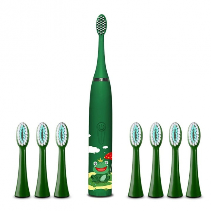 Periuta electrica sonica pentru copii VarioShop®, 8 capete de periere, perii moi, 4 moduri de curatare, smart timer, rezistent la apa IPX7, reincarcabila, 32000 pulsatii/min, Verde [8]