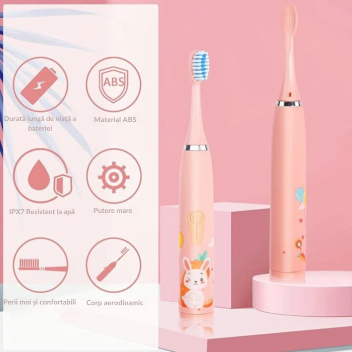 Periuta electrica sonica pentru copii VarioShop®, 8 capete de periere, perii moi, 4 moduri de curatare, smart timer, rezistent la apa IPX7, reincarcabila, 32000 pulsatii/min, Roz [5]