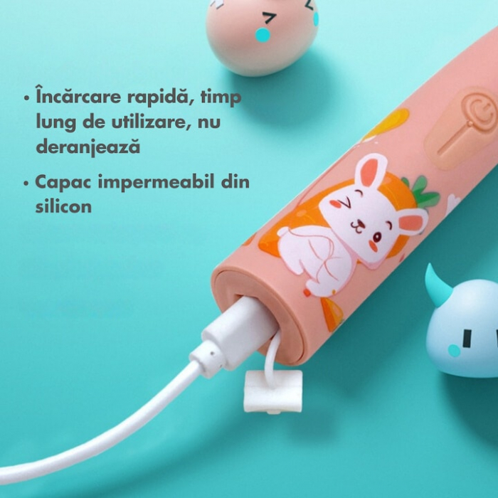 Periuta electrica sonica pentru copii VarioShop®, 8 capete de periere, perii moi, 4 moduri de curatare, smart timer, rezistent la apa IPX7, reincarcabila, 32000 pulsatii/min, Roz [9]