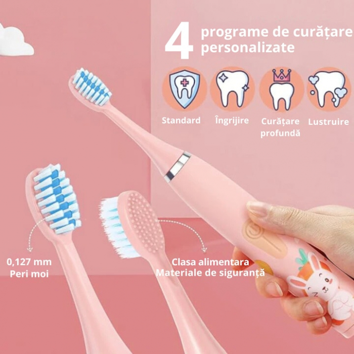Periuta electrica sonica pentru copii VarioShop®, 8 capete de periere, perii moi, 4 moduri de curatare, smart timer, rezistent la apa IPX7, reincarcabila, 32000 pulsatii/min, Roz [6]