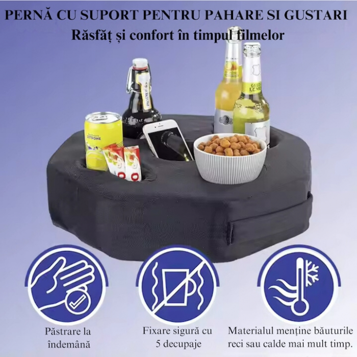 Perna Cinematica VarioShop®, 5 Compartimente, Ideala pentru pahare si gustari in timpul vizionarii filmelor, Suport pentru pahare, cani, chipsuri, gustari, bere, telefon, boluri si popcorn, Dimensiune [2]