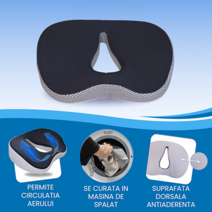 Perna ortopedica sezut VarioShop®, spuma cu memorie premium, pentru scaun de birou sau masina, husa respirabila si antialunecare, protectie zona lombara, sciatica, dureri de sold, hemoroizi 46x38x8 cm [15]