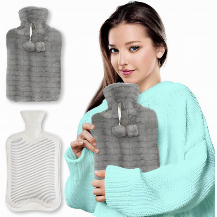 Pernuta cu apa calda si rece din cauciuc VarioShop®, Husa de plus, Calmeaza durerile menstruale si musculare, Inchidere etansa, Dimensiuni 38x20x2 cm, Capacitate 2l, Culoare gri-bej [8]