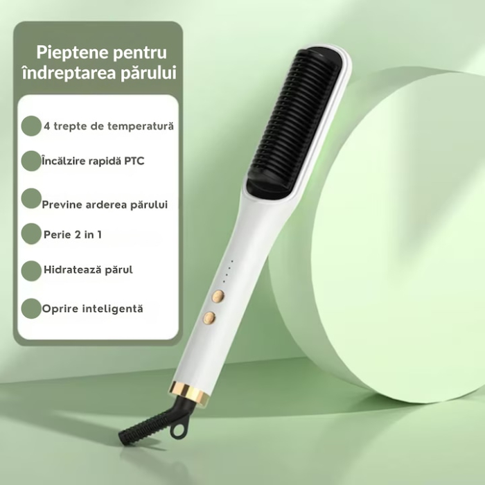 Pieptene pentru indreptat parul VarioShop®, 5 niveluri de temperatura, indicator LED, incalzire PTC, anti-ardere, coafare rapida, usor de folosit, 35 W, Alb [2]