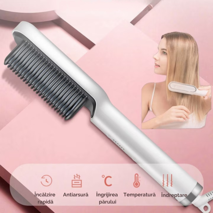 Pieptene pentru indreptat parul VarioShop®, 5 niveluri de temperatura, indicator LED, incalzire PTC, anti-ardere, coafare rapida, usor de folosit, 35 W, Alb [3]