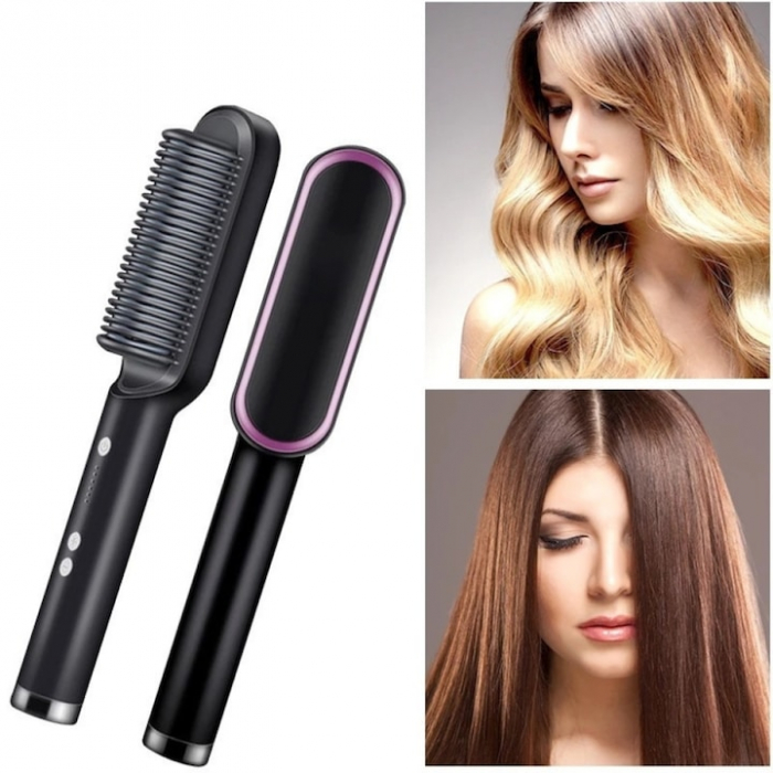Pieptene pentru indreptat parul VarioShop®, 5 niveluri de temperatura, indicator LED, incalzire PTC, anti-ardere, coafare rapida, usor de folosit, 35 W, Negru [18]