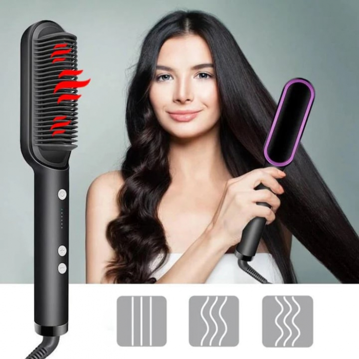 Pieptene pentru indreptat parul VarioShop®, 5 niveluri de temperatura, indicator LED, incalzire PTC, anti-ardere, coafare rapida, usor de folosit, 35 W, Negru [10]