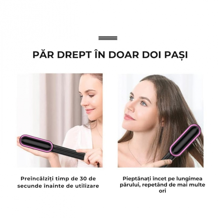 Pieptene pentru indreptat parul VarioShop®, 5 niveluri de temperatura, indicator LED, incalzire PTC, anti-ardere, coafare rapida, usor de folosit, 35 W, Negru [7]