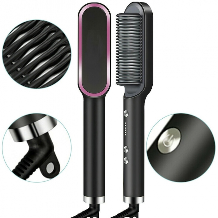 Pieptene pentru indreptat parul VarioShop®, 5 niveluri de temperatura, indicator LED, incalzire PTC, anti-ardere, coafare rapida, usor de folosit, 35 W, Negru [17]