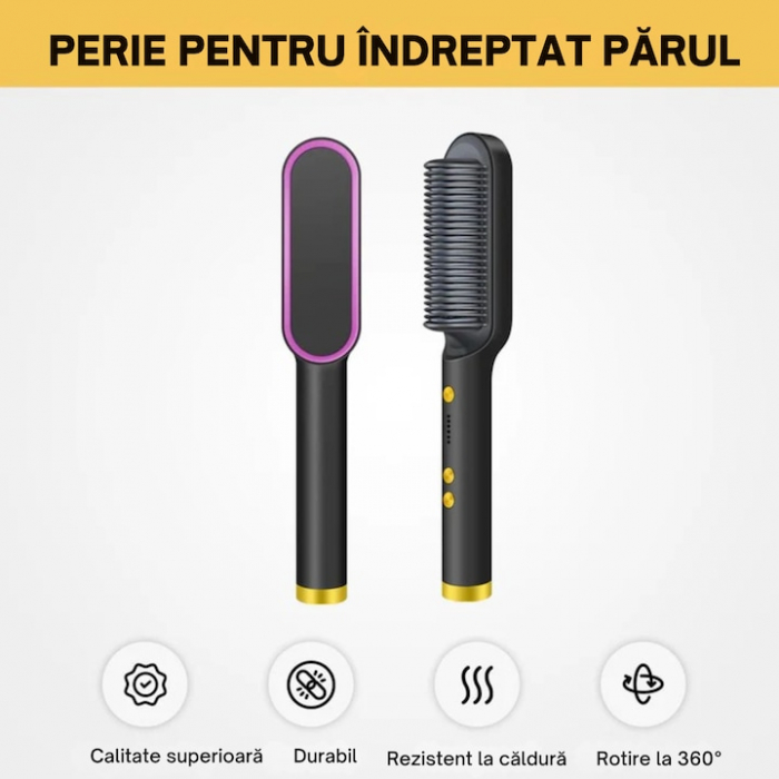 Pieptene pentru indreptat parul VarioShop®, 5 niveluri de temperatura, indicator LED, incalzire PTC, anti-ardere, coafare rapida, usor de folosit, 35 W, Negru [4]
