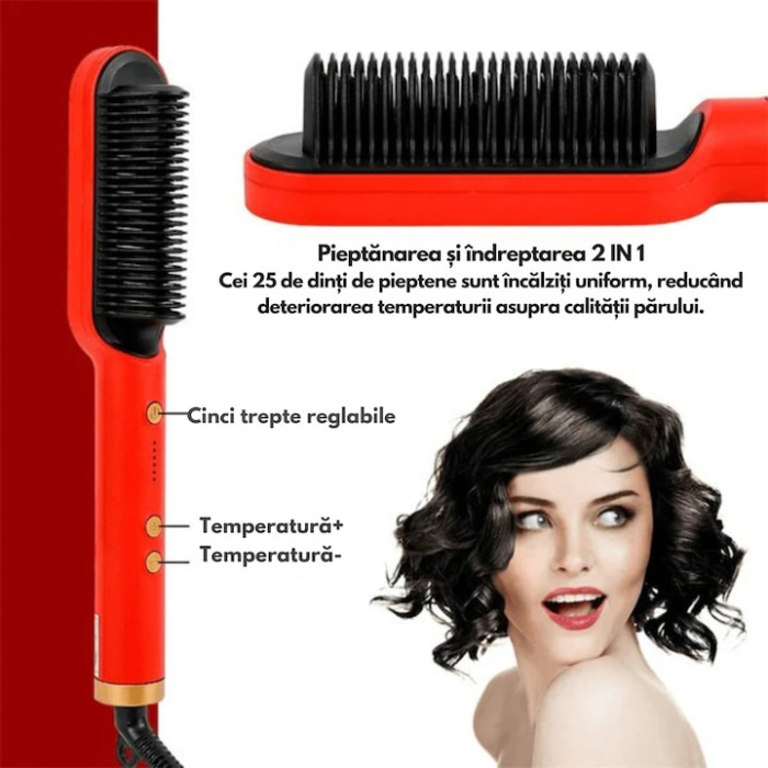 Pieptene pentru indreptat parul VarioShop®, 5 niveluri de temperatura, indicator LED, incalzire PTC, anti-ardere, coafare rapida, usor de folosit, 35 W, Rosu [3]