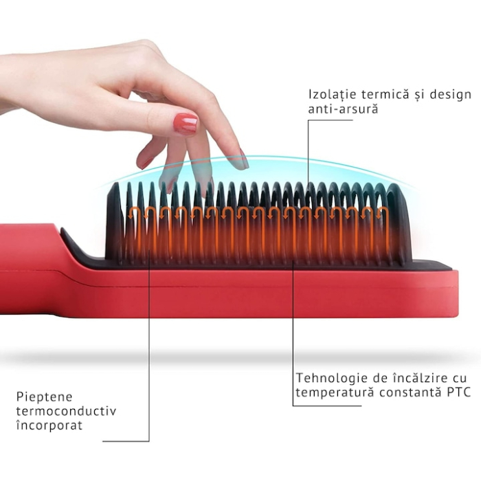 Pieptene pentru indreptat parul VarioShop®, 5 niveluri de temperatura, indicator LED, incalzire PTC, anti-ardere, coafare rapida, usor de folosit, 35 W, Rosu [4]