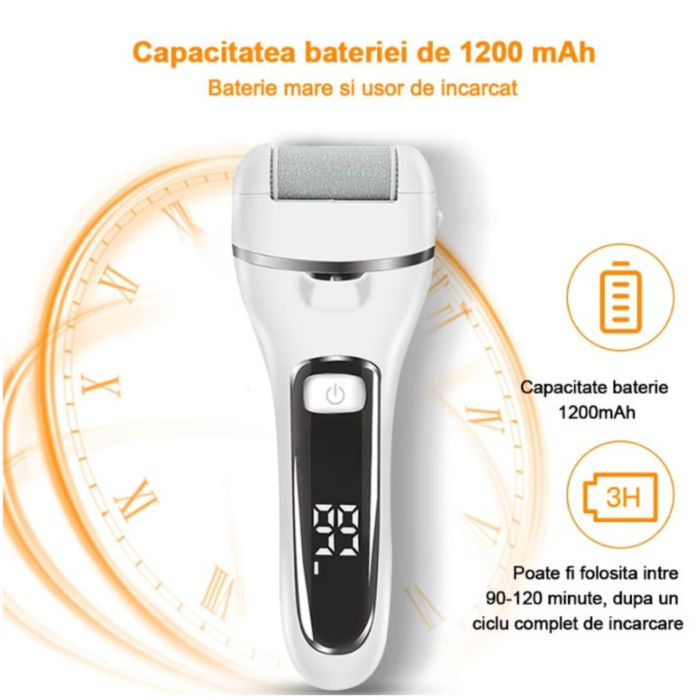 Pila electrica pentru picioare pentru calcaie crapate si piele uscata, rezistent la apa, baterie durabila, ecran LCD, Incarcare USB, Set cu accesorii incluse, 2000rpm, Alb [5]