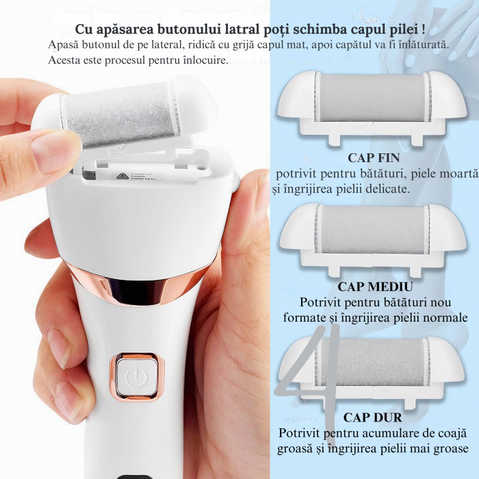 Pila Electrica VarioShop® Pentru Ingrijirea Calcaielor si Talpilor, Afisaj LCD 3 Capete Diferite, Reincarcabila, Fara fir, Rezistenta la Apa, Culoare Alb [5]