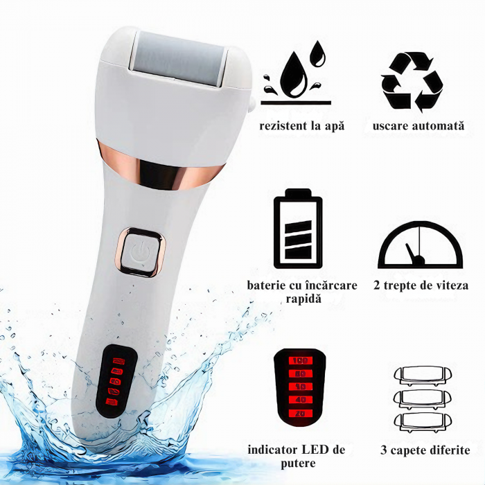 Pila Electrica VarioShop® Pentru Ingrijirea Calcaielor si Talpilor, Afisaj LCD 3 Capete Diferite, Reincarcabila, Fara fir, Rezistenta la Apa, Culoare Alb [9]