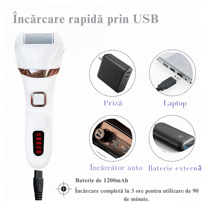 Pila Electrica VarioShop® Pentru Ingrijirea Calcaielor si Talpilor, Afisaj LCD 3 Capete Diferite, Reincarcabila, Fara fir, Rezistenta la Apa, Culoare Alb [25]
