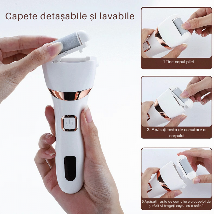 Pila Electrica VarioShop® Pentru Ingrijirea Calcaielor si Talpilor, Afisaj LCD 3 Capete Diferite, Reincarcabila, Fara fir, Rezistenta la Apa, Culoare Alb [10]