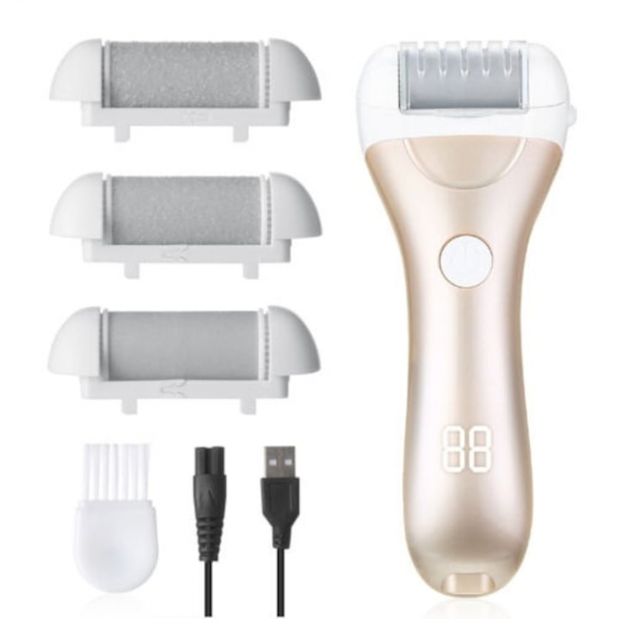 Pila electrica VarioShop®, pentru talpi si calcaie, afisaj LED, acumulator, 2 viteze, 2000 rot/min, 3 capete incluse, impermeabil, auriu [12]