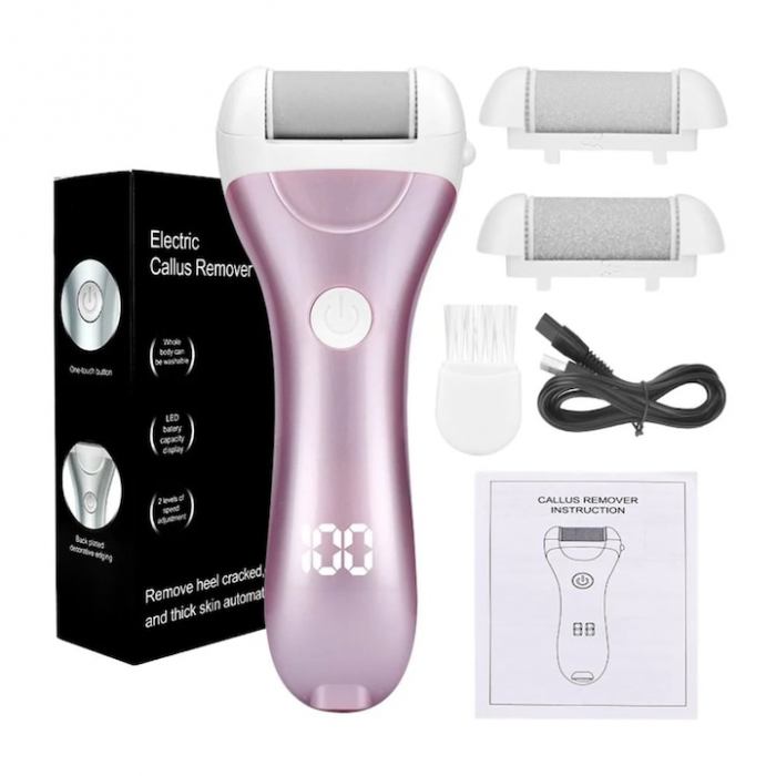 Pila electrica VarioShop®, pentru talpi si calcaie, afisaj LED, acumulator, 2 viteze, 2000 rot/min, 3 capete incluse, impermeabil, roz [20]