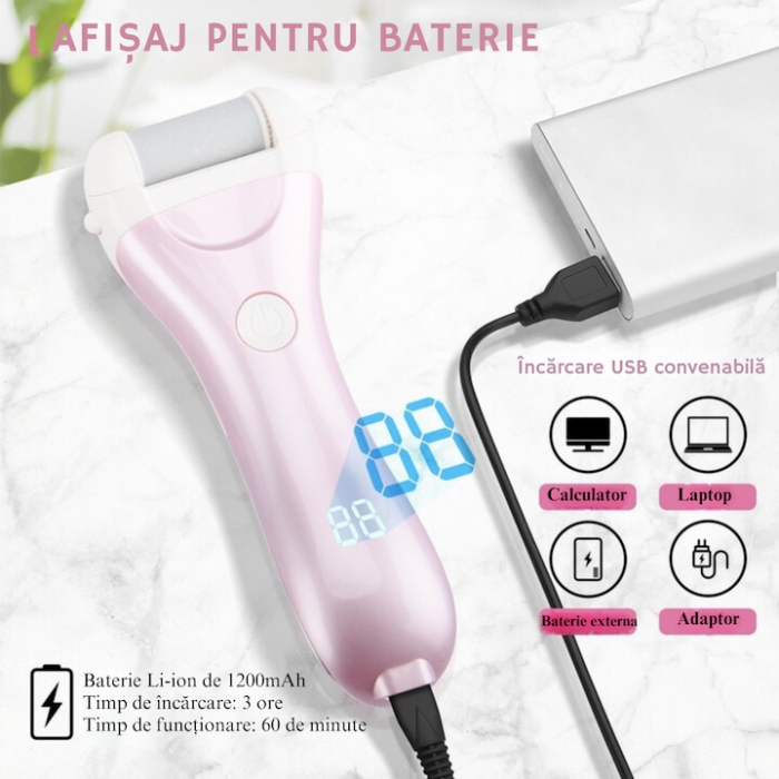 Pila electrica VarioShop®, pentru talpi si calcaie, afisaj LED, acumulator, 2 viteze, 2000 rot/min, 3 capete incluse, impermeabil, roz [15]