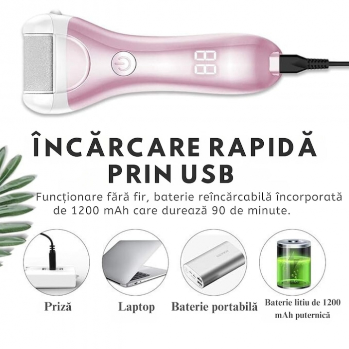 Pila electrica VarioShop®, pentru talpi si calcaie, afisaj LED, acumulator, 2 viteze, 2000 rot/min, 3 capete incluse, impermeabil, roz [8]