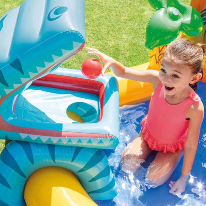 Piscina gonflabila copii VarioShop®, loc de joaca 5 in 1, cu tobogan, fantana, perdea de apa si baschet, 249x191x109 cm [3]