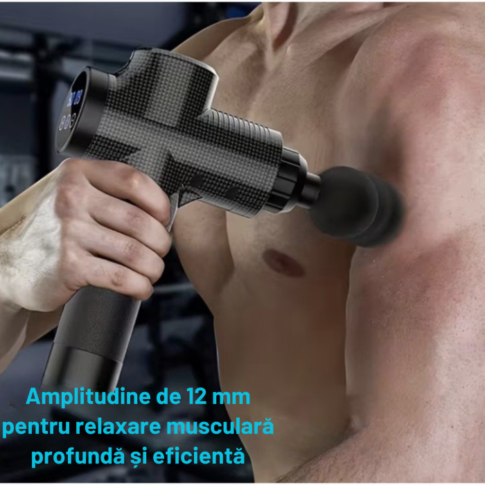 Pistol de masaj corporal profesional LCD VarioShop®, 30 nivele de viteza, 6 capete interschimbabile, functionare silentioasa, set complet cu husa, Negru [2]