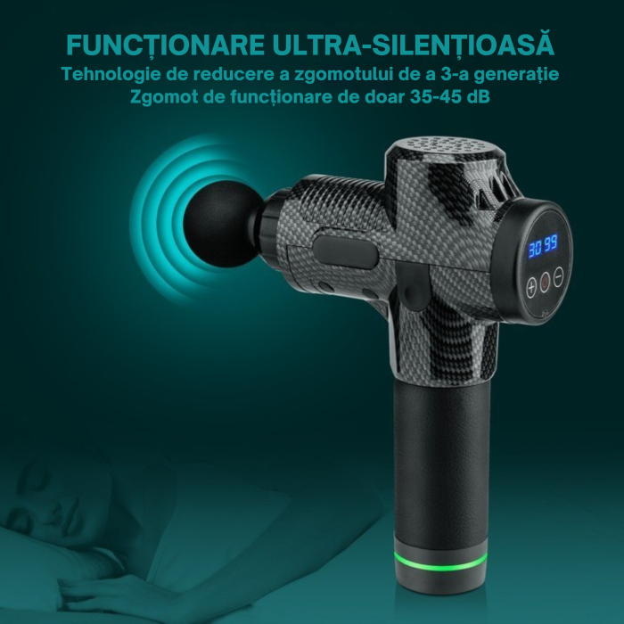Pistol de masaj corporal profesional LCD VarioShop®, 30 nivele de viteza, 6 capete interschimbabile, functionare silentioasa, set complet cu husa, Negru [3]
