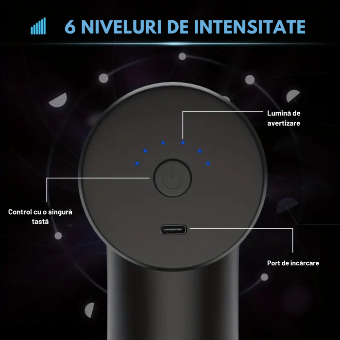 Pistol de masaj VarioShop®, 30W, 6 capete interschimbabile, 6 trepte intensitate, 1800-3200 RPM, baterie 1000 mAh, USB Type-C, pentru recuperare musculara si relaxare [3]