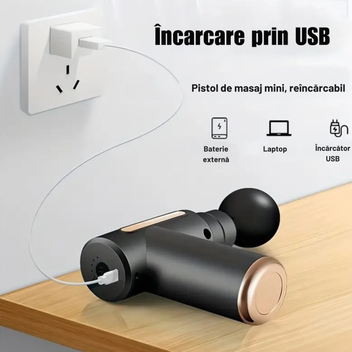 Pistol de masaj VarioShop®, 30W, 6 capete interschimbabile, 6 trepte intensitate, 1800-3200 RPM, baterie 1000 mAh, USB Type-C, pentru recuperare musculara si relaxare [5]