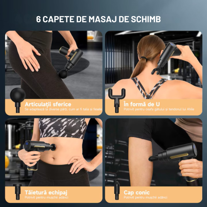 Pistol de masaj VarioShop®, 30W, 6 capete interschimbabile, 6 trepte intensitate, 1800-3200 RPM, baterie 1000 mAh, USB Type-C, pentru recuperare musculara si relaxare [6]